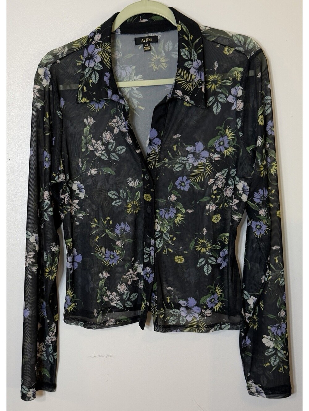AFRM Floral Mesh Top Blouse Large Black Sheer Button Down Long Sleeve Y2K Style